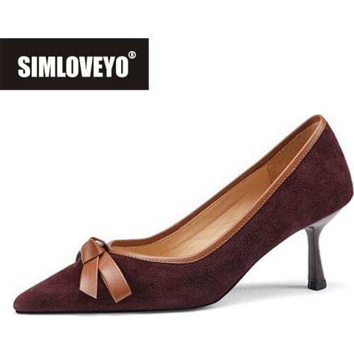 SIMLOVEYO New 2021 Women Pumps Pointed Toe 6.5cm Thin High Heel Flock Slip-On Elegent Bowtie Vintage Big Size 43 Casual B2511