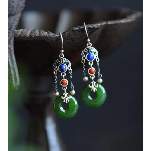 Vintage Earrings Classical Chinese Style Hetian Jade Peace Buckle Earrings Female Sterling Silver Tassel Jasper Peace Buckle