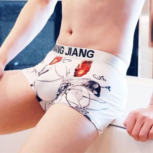 WangJiang Ice Silk Men Underwear Boxer Shorts Flower Print Boxershorts Mid Waist Thin Underpants Male Sexy U Pouch Panties XXL
