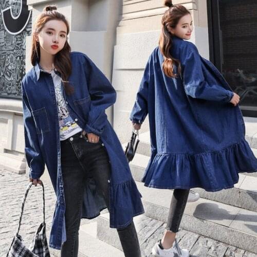Buckle Large size Womens Denim Jacket Casual Autumn Clothing Long Section Skirt Style Loose Windbreaker Jeans Jaqueta 4XL f1690