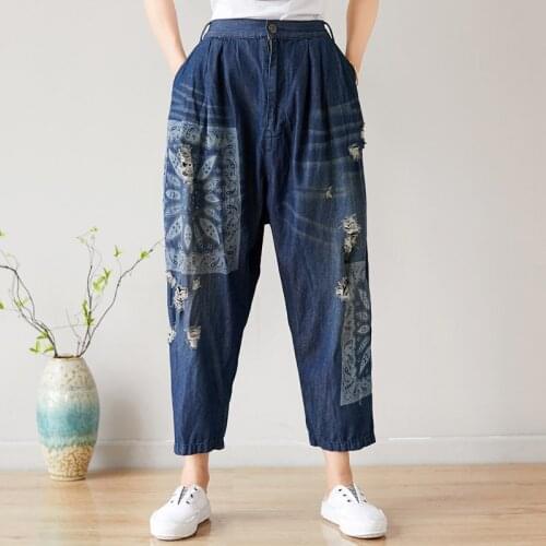 Women Loose Ripped Scratched Denim Pants Jeans Ladies Elastic Waist Denim Trousers Bleached Holes Vintage Pants 2019 Summer
