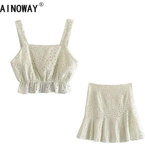 Vintage chic Women two piece linen cotton strap Sleeveless tops Bohemian mini skirts 2 pieces hollow embroidery white Boho sets