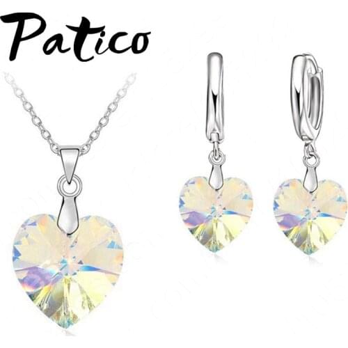 Austrian Crystal 925 Sterling Silver Jewelry Sets Heart Stone Pendant Necklaces Drop Earrings Woman Accessories Gift