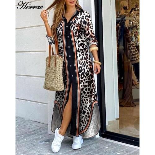 HERREW Fashion Sexy Summer Print Long Dress Women 2021 Elegant Casual Robe Long Sleeve Dresses Woman Pocket Button Shirt Dress