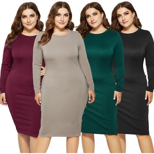 Dress Plus Size Woman Party Dresses 2020 Autumn Long Sleeve O-Neck Solid Button Work Dress Black Green Midi Dress Women Vestidos
