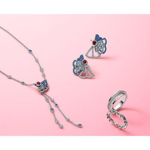 Kakany 2020 New Style 100% High Quality Original 1:1 Blue Fan-shaped Necklace And Earrings, Retro Style Ladies Gift Set