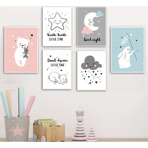 Abstract Bear Rabbit Wall Art Poster Moon Star Cloud Heart Art Print Good Night Canvas Painting Nordic Picture Living Room Decor