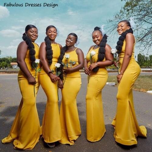 Daffodil Spaghetti Strap Bridesmaid Dresses 2021 Simple Mermaid Long Plus Size Dress African Wedding Party Maid Of Honor