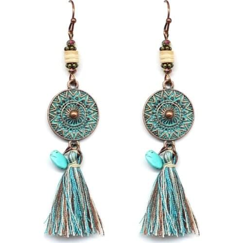 Bohemian Round Circle Classic Bead Inlaid Carving Cameo Flower Tassels String Silk Thread Long Pendant Earrings Body Jewelry