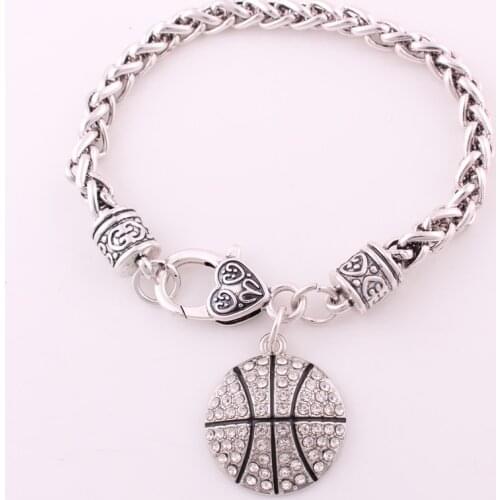 Rhodium plated studded with sparkling crystal BASKEtBALL charm bracelet link chain