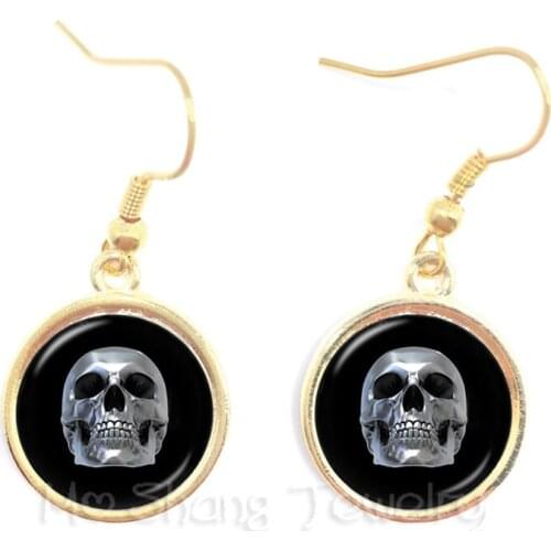 Black And White Skeleton Earrings Glass Dome Time Gem Jewelry Day of the Dead Gifts For Friends