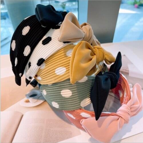Women Vintage cream big polka dot folds color matching big bow headbands