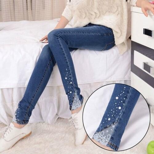 Jeans For Women Stretch Blue Skinny Jeans Woman Mid Waist Denim Pants Ladies Lace Patchwork Slim Pencil Jeans