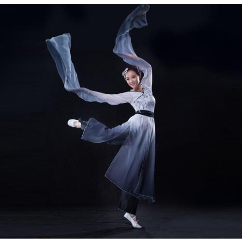 Chinese long sleeves dance costumes black and white gradient color water sleeves Poetry ink Classical dance fairy costume