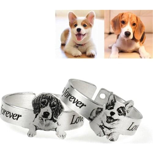 Lovty Stainless Steel Custom Pet Photo Rings Personalized Dog Cat Image Silhouette Picture Rings Engraved Name Jewelry Gifts
