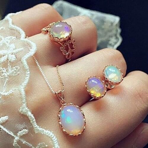 3 Pcs/set Fashion Jewelry Set Female Gold Color Luxury Opal Ring Stud Earrings Pendant Necklace Wedding Party Gift