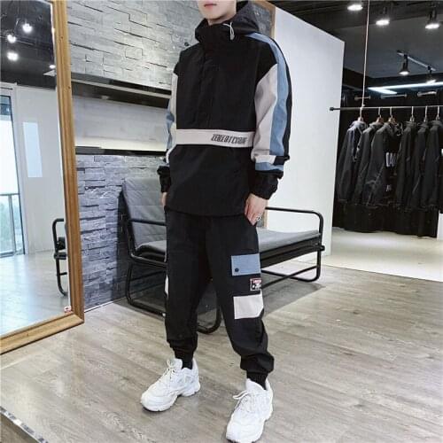 Fashion 2 Pieces Sets Mens Fashion Cargo Pullover Tracksuit with Pockets Military Jackets and Loose Fit Elastic Waist Pants Hip