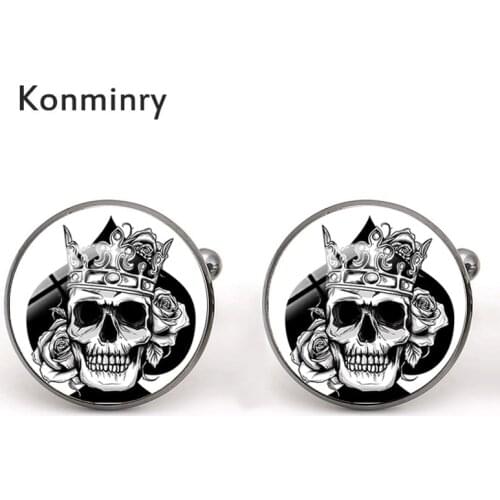 Konminry Fashion Skeleton Skull Red Black Heart Men Cufflinks Charms Glass Dome Shirt Suit Party Bronze Color Jewelry