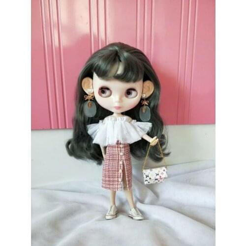 Blythes doll dress 1/6 size fashion white Salsa mesh versatile top + flying sleeves + pink check slim open skirt skirt suit