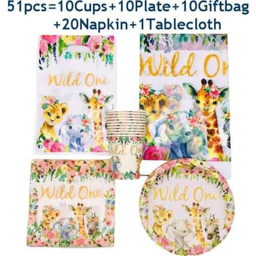 New Birthday Jungle Party Disposable Tableware Set Theme Paper Plate Flags Cup Napkin Girls Pink Wild One Party Decor 51-81pcs