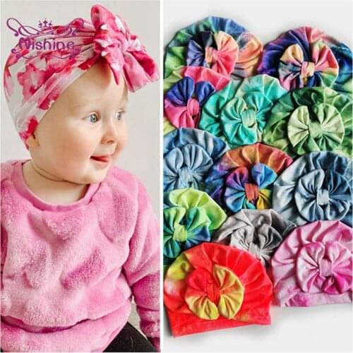 Nishine 11 Colors 19.5*15 CM Tie-dyed Hats Newborn Infant Bowknot Caps Colorful Bows Children Headwear Holiday Party Decoration