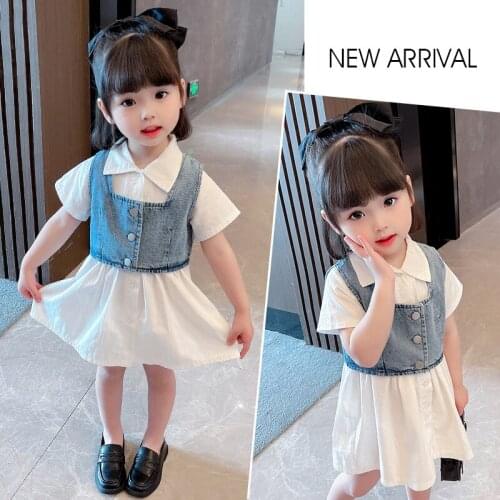 New Summer Denim Vest Lining Dress Girls Suit Short Sleeve Single Breasted Solid Childrens Clothing for 0-7 Years Two Pieces
