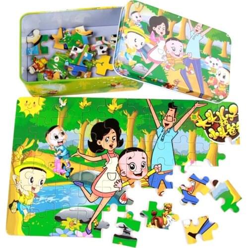 3D Wooden Puzzles for Children 3years 60 pcs/set Cartoon Toy Iron Box Package Jigsaw Puzzle for Children Early Educational Toys