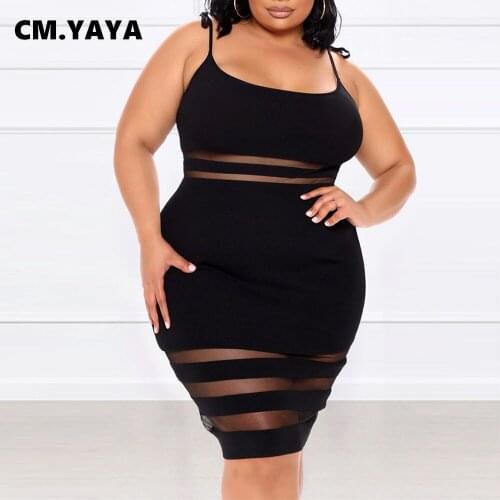 CM.YAYA Women Plus Size Mesh Patchwork Bodycon Dress Sexy Night Party Clubwear Spaghetti Strap Sleeveless Midi Pencil Dresses