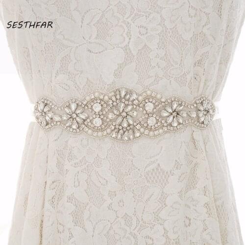 SESTHFAR Rhinestones Wedding Belt Pearls Bridal Belt Handmade Gold Crystal Flower Wedding Sash For Bridal Gown