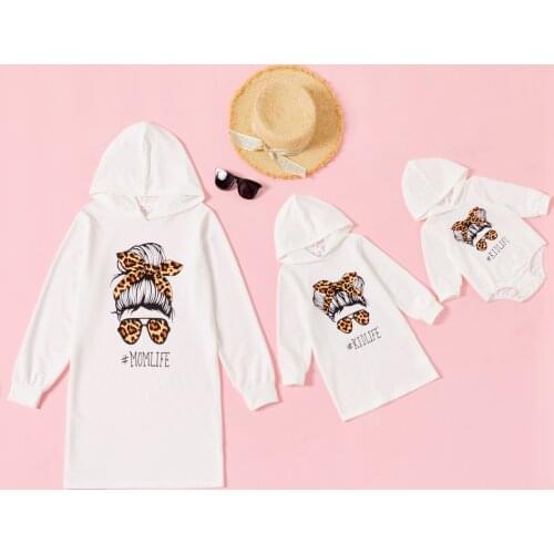 PatPat Letter and Pattern Print Hooded Sweatshirt Mini Matching Dresses