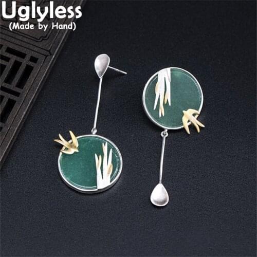 Uglyless Spring Swallows Earrings Women Natural Jade Medals Earrings Asymmetric Brincos Eastern Beauty Dress Jewelry 925 Silver
