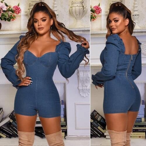 Spring Womens Ruffled Backless Fashion Casual Sexy Denim Jumpsuit Mid-waist Zipper Street Style Shorts elegant bodysuit Femme
