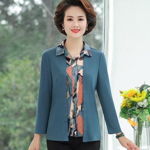 Fake Two Pieces Women T-Shirt Middle Age Mother Tee Tops Spring Autumn Pullovers Plus Size Fashion Women Long Sleeve Clothing