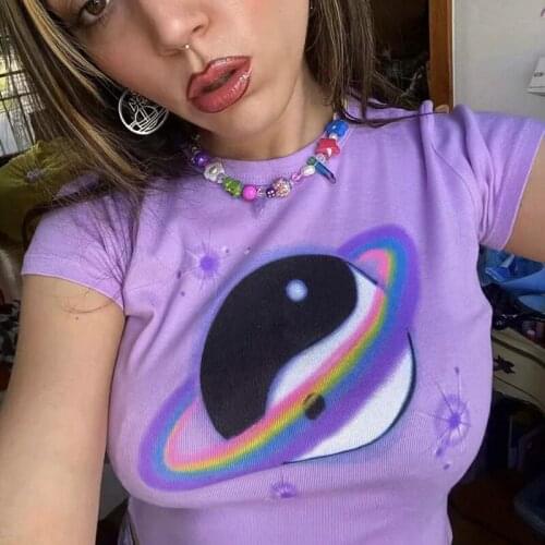 Purple Short Sleeve Navel Sexy Shirt Aesthetic Y2k Tops Women 2021 Summer Harajuku Kawaii O-neck Gothic Streetwear Punk Shirt