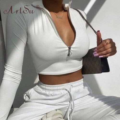 ArtSu Front Zipper Deep V-Neck Long Sleeve Cropped T Shirts Women Fashion White Tshirt Ladies Skinny Sexy Crop Top Tees Club