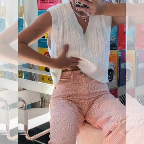 Women V Neck Sweater Vest Classic Sleeveless Cable Knit Loose Tank Top Streetwear