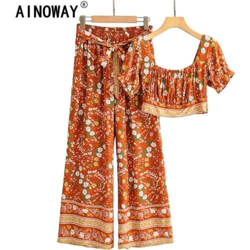 Vintage chic Women two piece outfits ruffles strapless tops Bohemian elestic waist pants 2 pieces rayon cotton Boho sets
