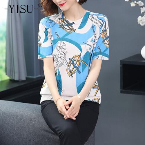 YISU Summer New Knitted Sweater Women Loose Jumper Female Pullover O-Neck Short sleeve Fashion Printing Sweater Thin