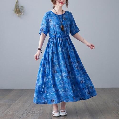 Blue Dress 2021 New Arrival Short Sleeve Loose Summer Dress Print Floral Draw String Slim Women Travel Casual Long Maxi Dress