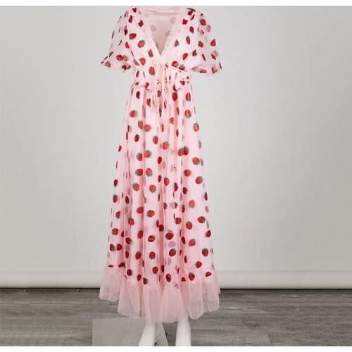 Summer Lovely Strawberry Max Dress Women Sweet Short Sleeve V-Neck Lace-up Sheer Mesh Holiday Pink Lady Fashion Dresses Girl