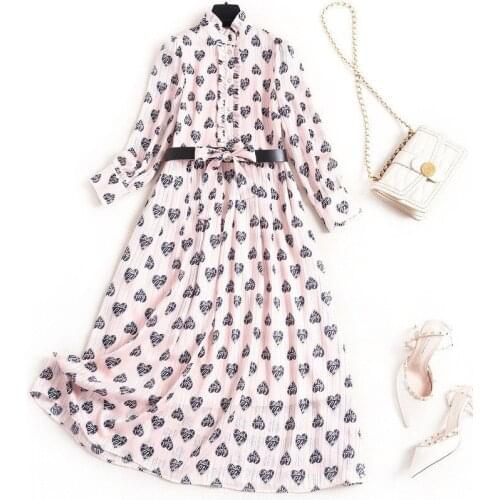 Spring New Fashion Women Dress 2020 Designers Long Sleeve Ruffle Heart Print Casual Vintage Midi Chiffon Dress With Belt
