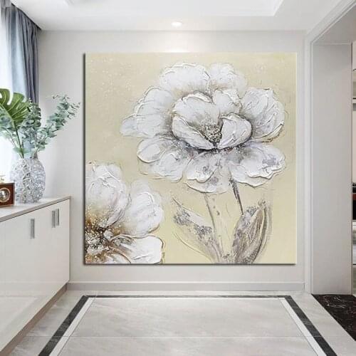 100% Hand-Painted Simple Retro White Flowers Abstract Oil Painting Wall Art Home Decor Pictures Modern Hand Painted On Canvas