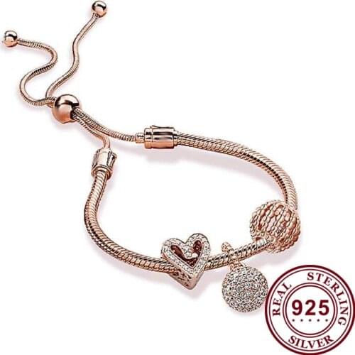 2020 New S925 Silver Rose Gold Hollow-out Hand-painted Heart Pendant Adjustable Pan Bracelet High Quality Valentine