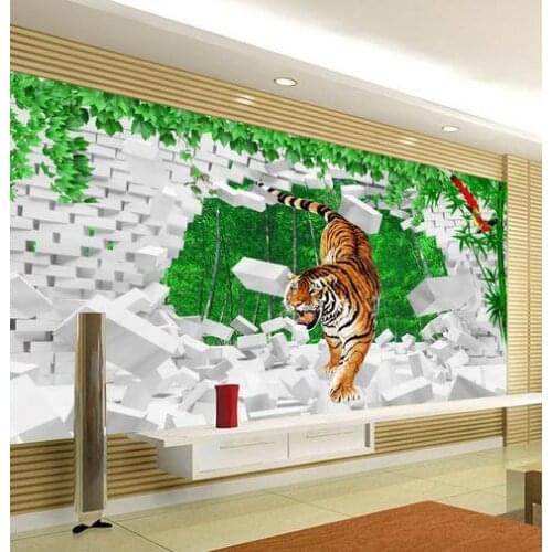 3d wallpaper custom Non-woven 3 d TV setting wall paper tigers down the mountain