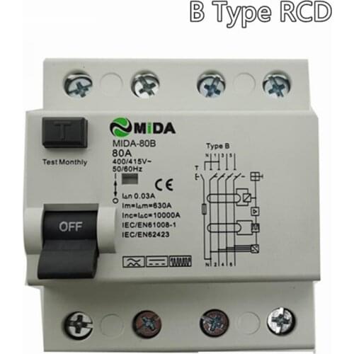4 Pole 40 Amp 63 Amp 80 Amp 30 mA Type B 10KA RCCB RCD EKL1-63 230V 400V Current breaker type B