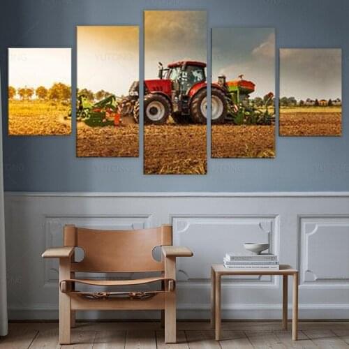 5 Pieces Posters Red Tractor Harvester On Farm Wall Art Pictures Home Decor Modular Canvas HD Paintings Living Room Decoration