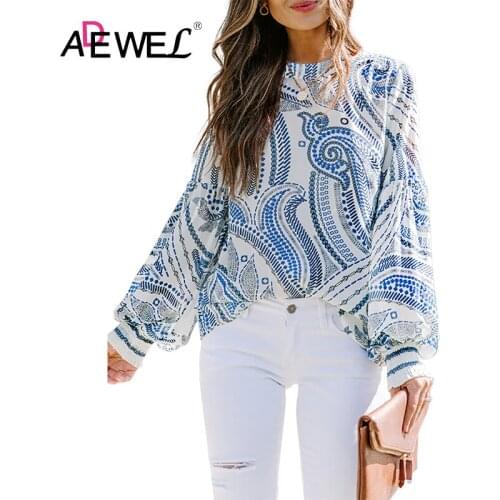 ADEWEL Harajuku Sky Blue Crewneck Floral Printed Balloon Sleeves Woman Tshirts Mujer Camisetas Plus Size Oversized Tops 2XL