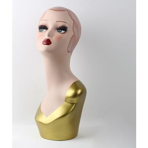 Hand Painted Female Mannequin Head With Golden Cloth For Hat Jewelry Display And Decoration