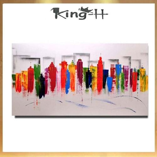 Fine Art Hand-painted Abstract Building Oil Painting on Canvas Impressionist City Building and Lake Landscape Oil Pain