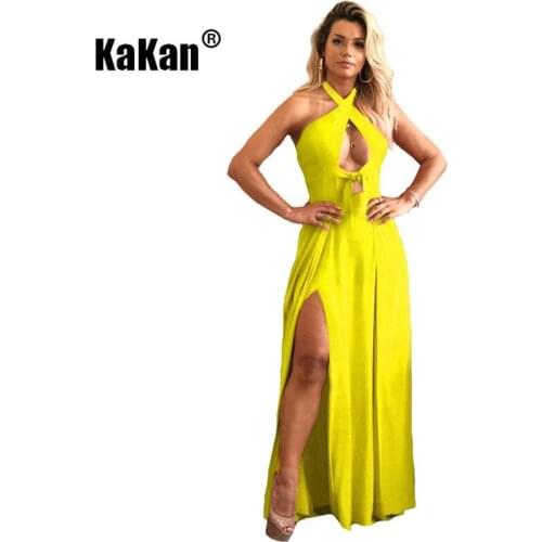 KaKan Solid Color Elegant Halter Sleeveless High Waist Split Long Dress 2020 New European and American Womens Dress